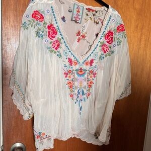 Johnny Was Cupra Rayon Embroidered Sheer Crop Blouse XL